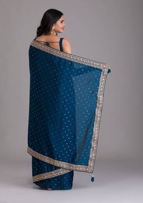MESMERIZING TURQUOISE BLUE DORI AND SEQUINS EMBROIDERED ART SILK PARTY WEAR BRIDAL WEDDING FESTIVAL SAREE 2