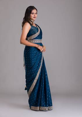MESMERIZING TURQUOISE BLUE DORI AND SEQUINS EMBROIDERED ART SILK PARTY WEAR BRIDAL WEDDING FESTIVAL SAREE 3