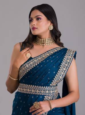 MESMERIZING TURQUOISE BLUE DORI AND SEQUINS EMBROIDERED ART SILK PARTY WEAR BRIDAL WEDDING FESTIVAL SAREE 5
