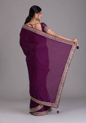 DELIGHTFUL PURPLE DORI AND SEQUINS EMBROIDERED ART SILK PARTY WEAR BRIDAL WEDDING FESTIVAL SAREE 2