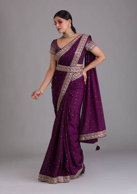 DELIGHTFUL PURPLE DORI AND SEQUINS EMBROIDERED ART SILK PARTY WEAR BRIDAL WEDDING FESTIVAL SAREE 3