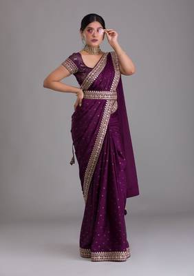 DELIGHTFUL PURPLE DORI AND SEQUINS EMBROIDERED ART SILK PARTY WEAR BRIDAL WEDDING FESTIVAL SAREE 5