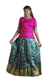 Teal & Pink Banarasi Silk Lehenga Set with Gold Zari Weave