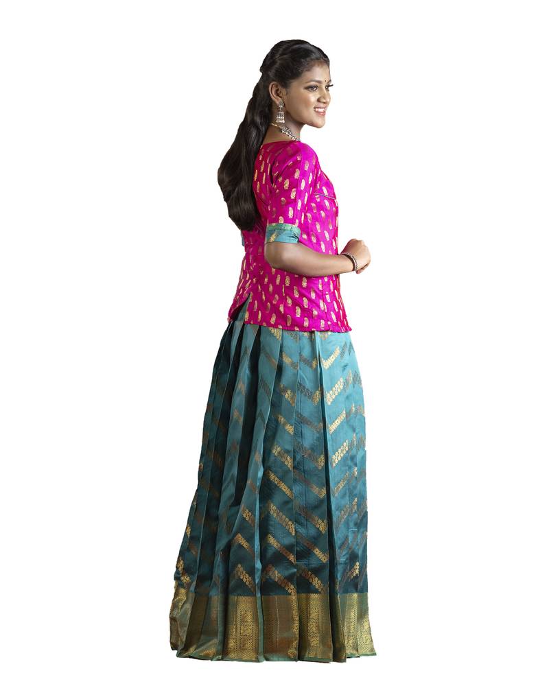 Teal & Pink Banarasi Silk Lehenga Set with Gold Zari Weave