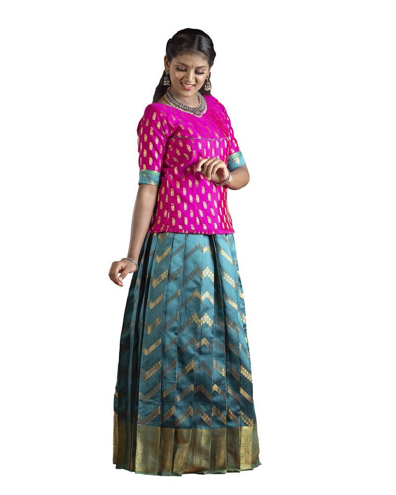 Teal & Pink Banarasi Silk Lehenga Set with Gold Zari Weave