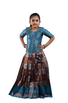 girls blue silk blend pavadai set with solid work design