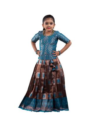 girls blue silk blend pavadai set with solid work design 1