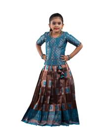 girls blue silk blend pavadai set with solid work design