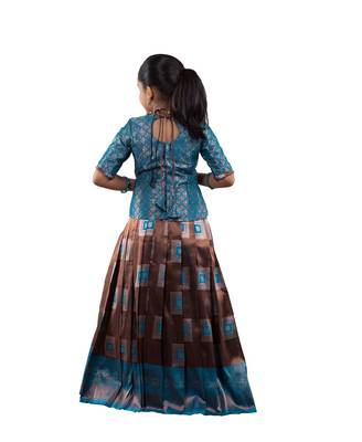 girls blue silk blend pavadai set with solid work design 2
