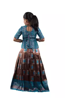 girls blue silk blend pavadai set with solid work design