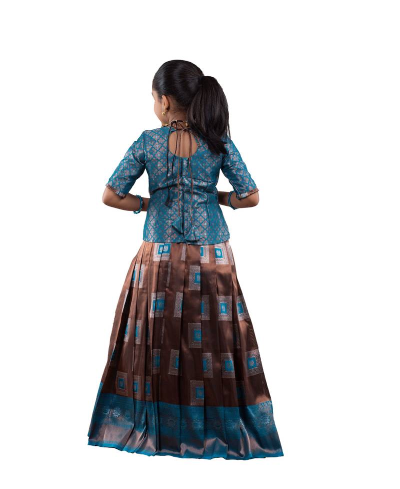 Shivangi Ramar Blue Copper Tiles Pattu Pavadai For Girls