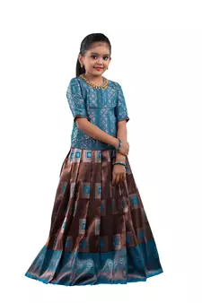 girls blue silk blend pavadai set with solid work design