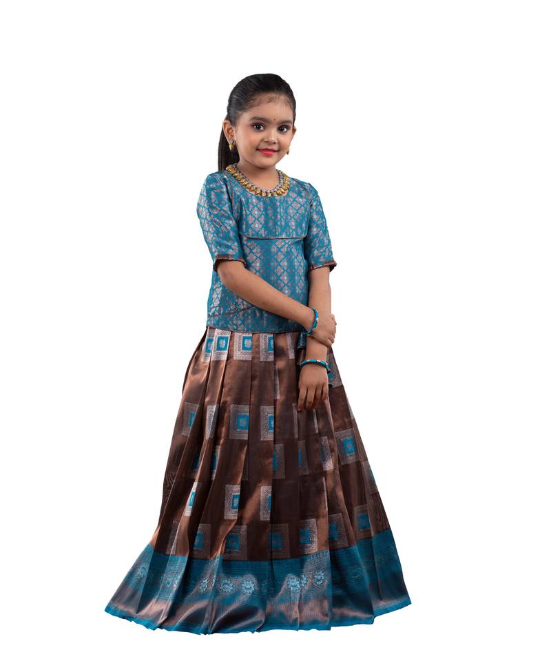 Shivangi Ramar Blue Copper Tiles Pattu Pavadai For Girls