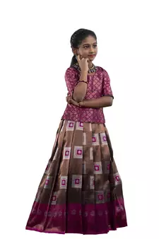 Shivangi Magenta Copper Tiles Pattu Pavadai For Girls