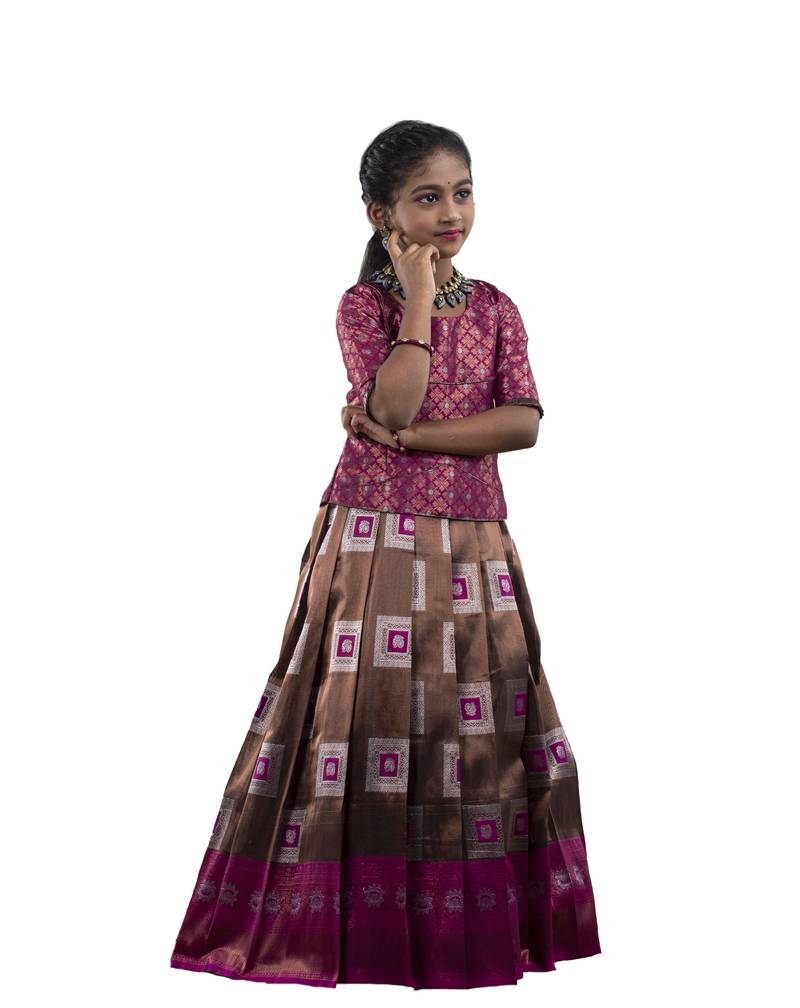 Shivangi Magenta Copper Tiles Pattu Pavadai For Girls