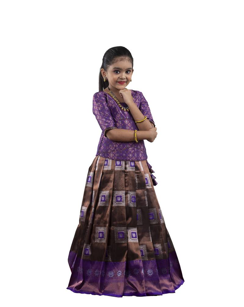 Shivangi Purple Copper Tiles Pattu Pavadai For Girls