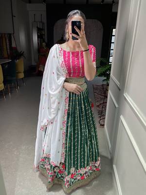 Green Color Georgette Thread and Sequins Embroidery Work With  Banarasi lace Border Semi Stitched Lehenga Choli 6