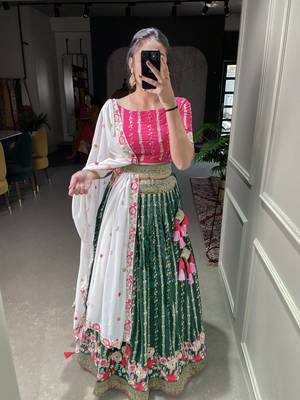 Green Color Georgette Thread and Sequins Embroidery Work With  Banarasi lace Border Semi Stitched Lehenga Choli 7