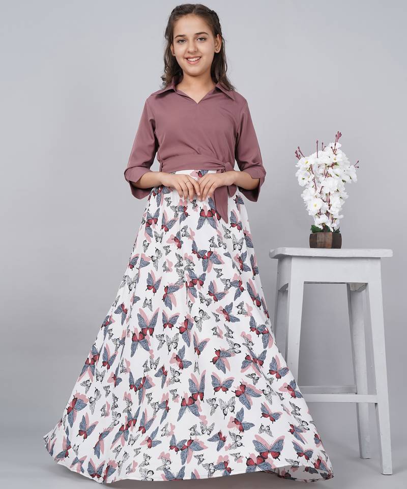 Purple printed crepe kids-girl-gowns