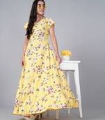 Yellow printed crepe kids-girl-gowns