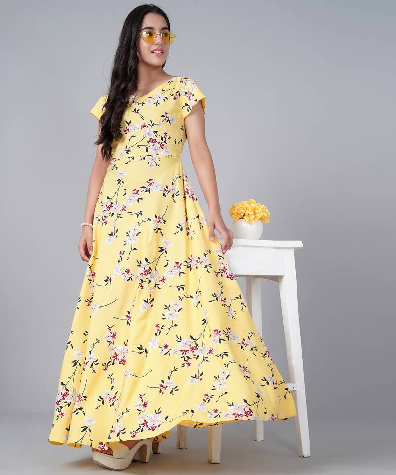 Yellow printed crepe kids-girl-gowns