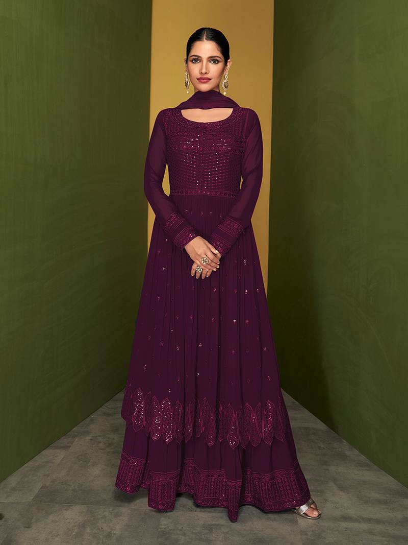 Georgette Embroidered Purple color Trendy Salwar Kameez