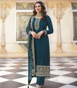 Teal blue Color Dola silk Embroidered Long Length Salwar Kameez
