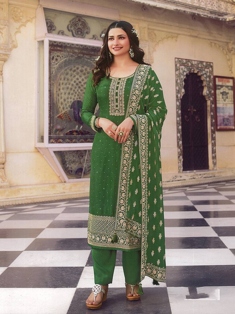 Green Color Dola silk Embroidered Long Length Salwar Kameez