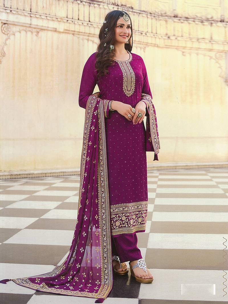 Purple Color Dola silk Embroidered Long Length Salwar Kameez