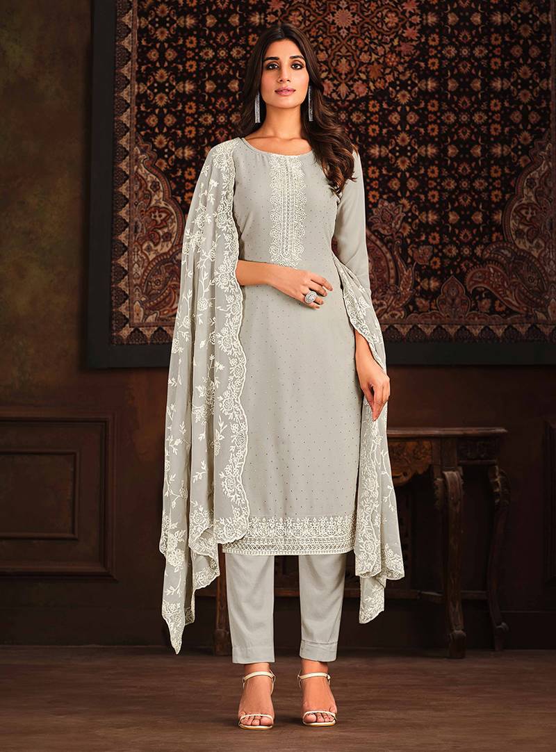Sleek Grey Organza Designer Party Wear Heavy Salwar Suit Collection With Grey Santoon main image 1