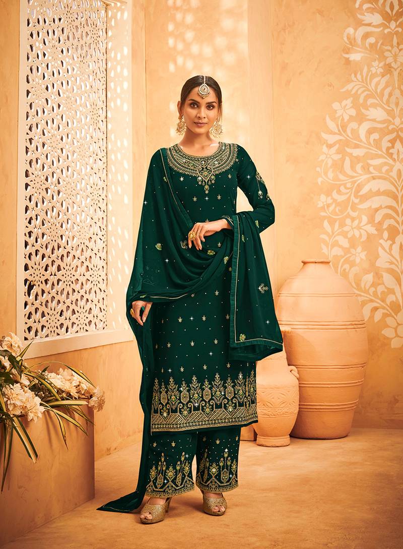 Dark Green Color Georgette Thread Trendy Salwar Kameez