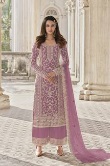 Lavender color Net Embroidered Stright Salwar Kameez