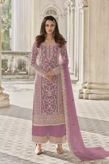 Lavender color Net Embroidered Stright Salwar Kameez