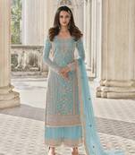 Sky Blue Net Embroidered Straight Salwar Kameez
