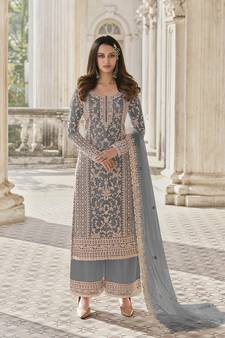 Grey color Net Embroidered Stright Salwar Kameez