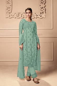 Light Blue color Net Embroidered Stright Salwar Kameez