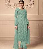 Light Blue color Net Embroidered Stright Salwar Kameez