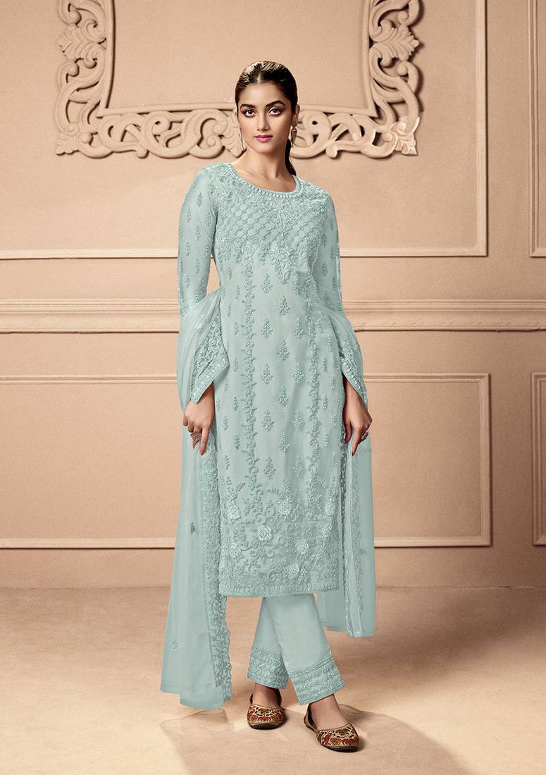 Sky blue color Net Embroidered Stright Salwar Kameez