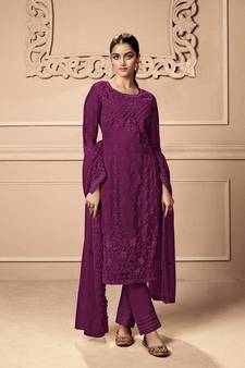 Purple color Net Embroidered Stright Salwar Kameez