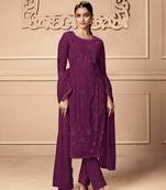 Purple color Net Embroidered Stright Salwar Kameez