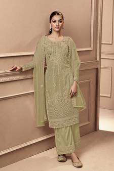 Beige color Net Embroidered Stright Salwar Kameez