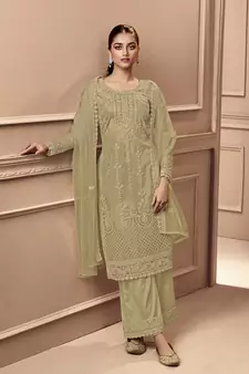 Beige color Net Embroidered Stright Salwar Kameez