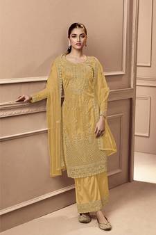 Mustard color Net Embroidered Stright Salwar Kameez