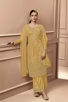 Mustard color Net Embroidered Stright Salwar Kameez