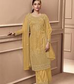 Mustard color Net Embroidered Stright Salwar Kameez