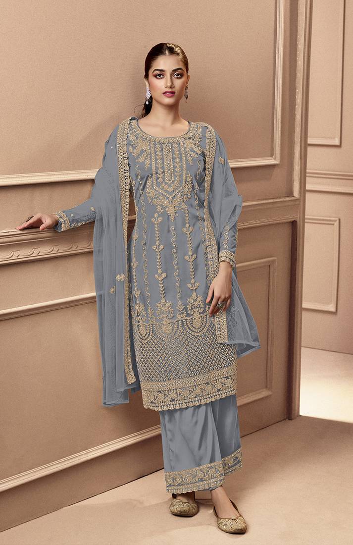 Light Grey color Net Embroidered Stright Salwar Kameez