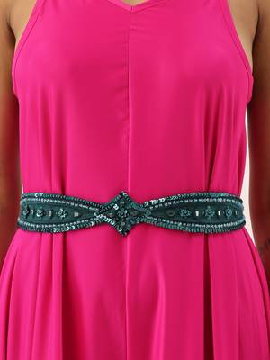 Teal Designer Mirror, Moti Work Hand Made Ethnic Waist Belt Kamarbandh For Women With Tassels 4