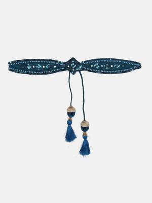 Teal Designer Mirror, Moti Work Hand Made Ethnic Waist Belt Kamarbandh For Women With Tassels 5