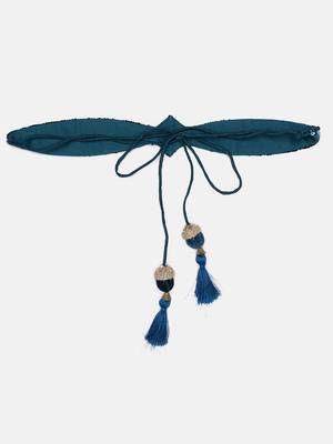 Teal Designer Mirror, Moti Work Hand Made Ethnic Waist Belt Kamarbandh For Women With Tassels 6