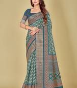 Dark Sky Blue Abstract Digital Print Kotha Silk Blend Saree